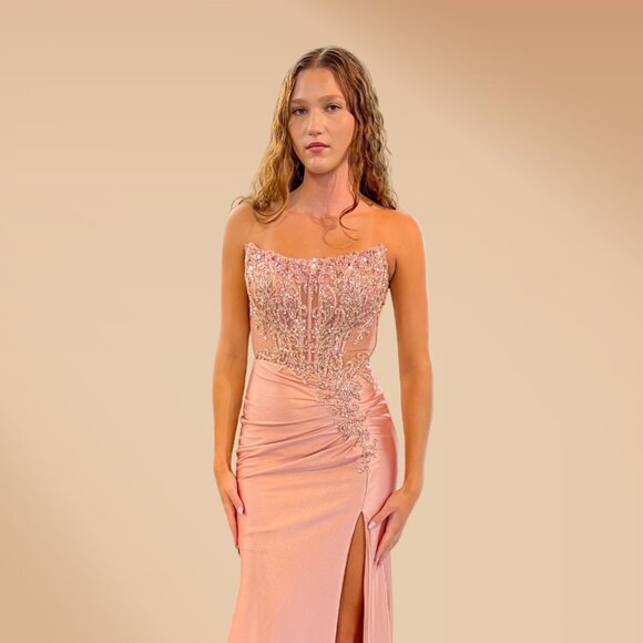 New Strapless Refined Sheath Gown w/ Scoop Neck & Sheer Beaded Bodice AC 8059 - Picture 1 of 9